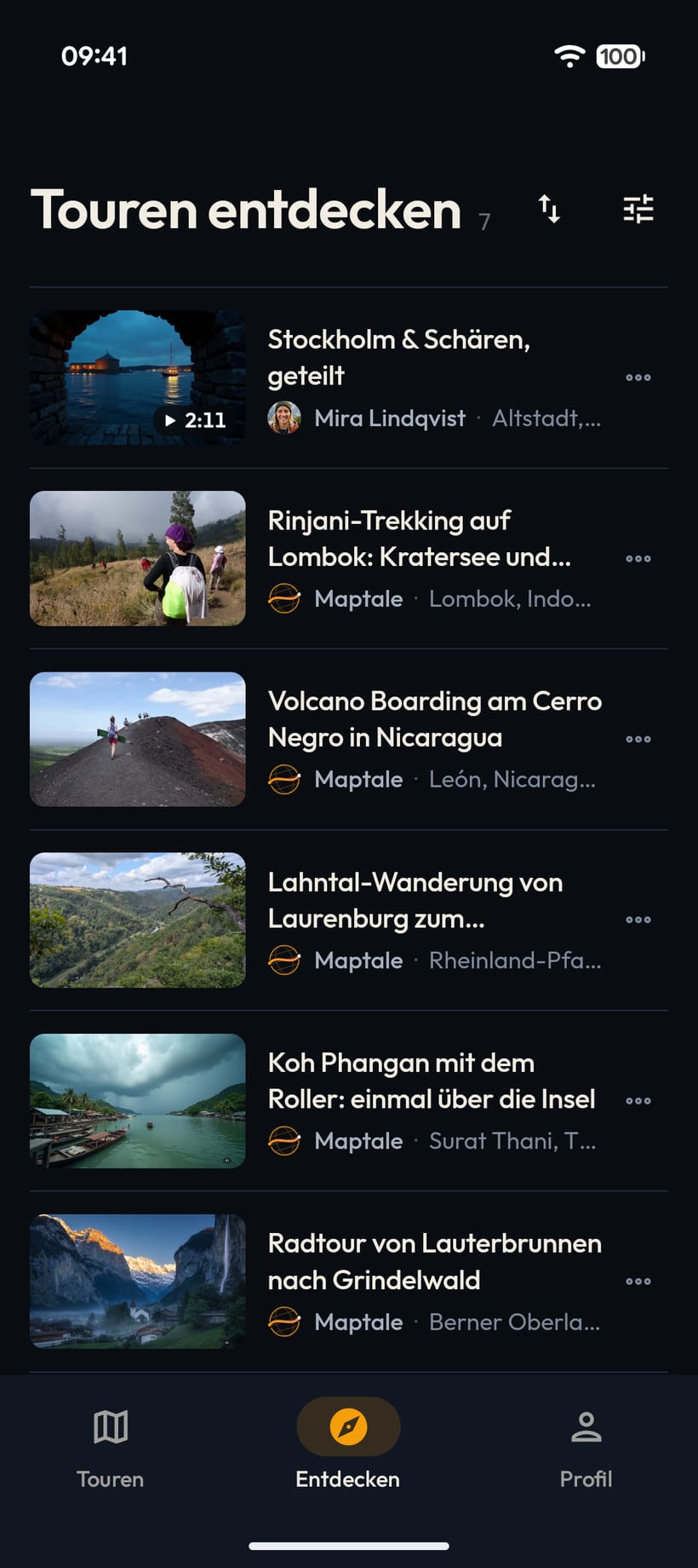 Discover tab of the app with public tours from around the world