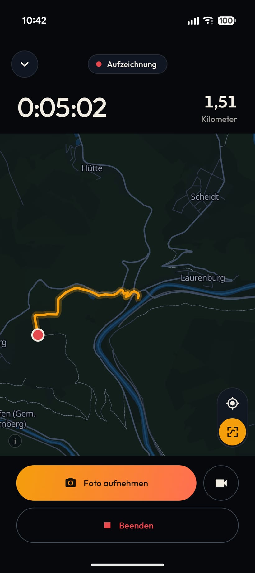 Recording in progress: the map shows the route so far along the Lahn