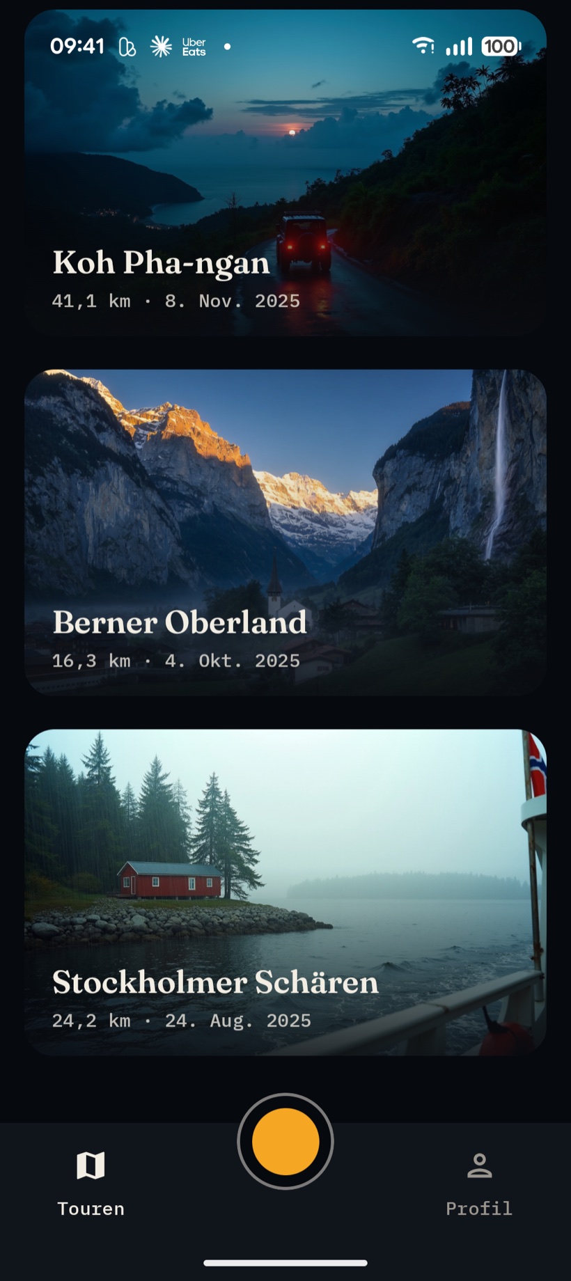 Tourenliste der Maptale-App mit Reisen als große Bildkarten