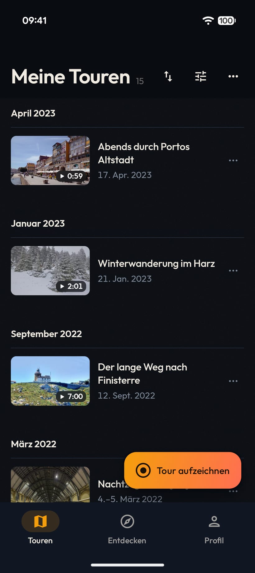 Tour list of the Maptale app, grouped by month, with cover picture and film length