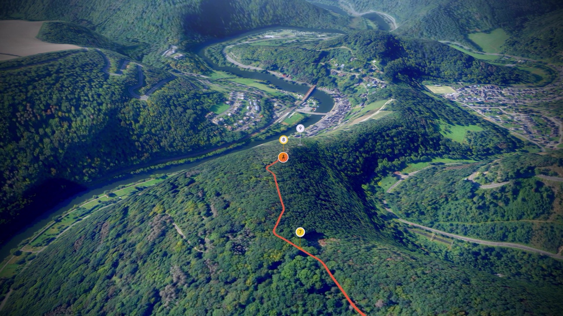 Preview of the 3D flyover over an alpine river bend