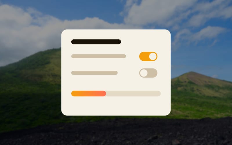 A card with switches and a storage bar in front of green volcanic hills