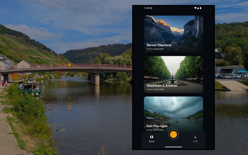 The app’s list of tours in front of the river Lahn at Obernhof