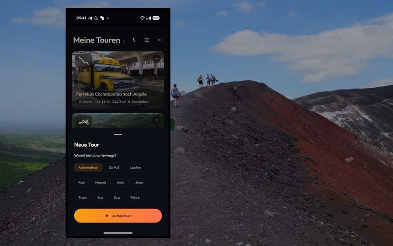Recording in the app in front of the climb up Cerro Negro