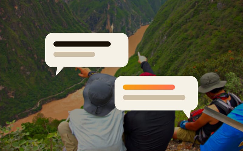 Two speech bubbles over a rest stop at Tiger Leaping Gorge