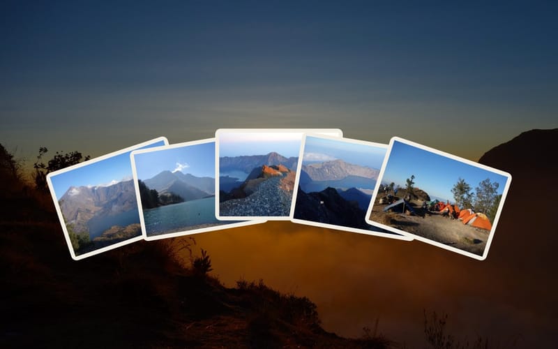 Five photos from a tour fanned out in front of a sunset