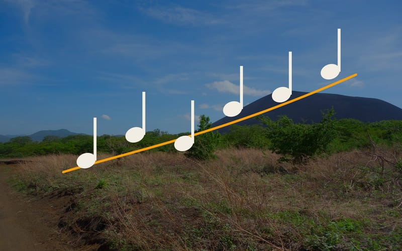 The cone of Cerro Negro with musical notes on a rising line