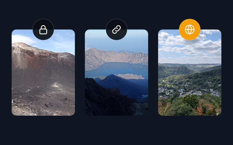 Three tour tiles with the icons for private, by link and public