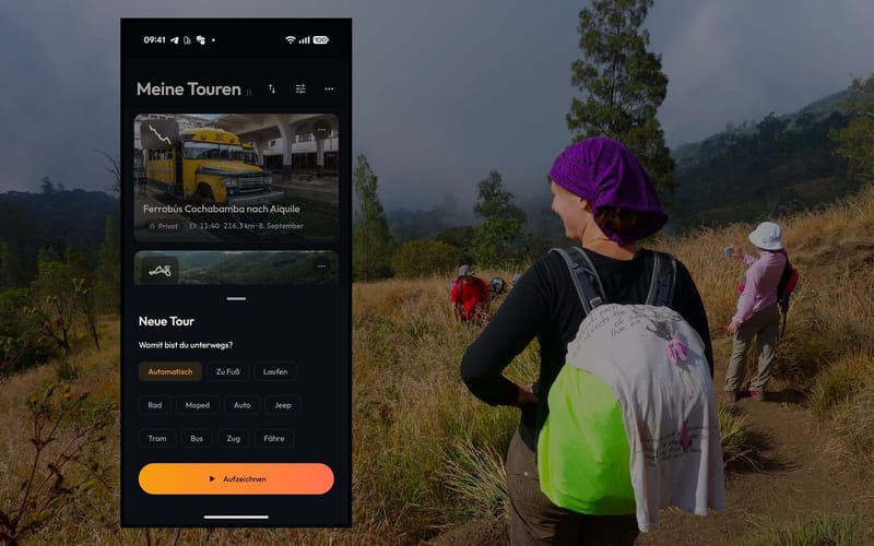 The app asks how you are travelling before recording, with hikers on a trail behind