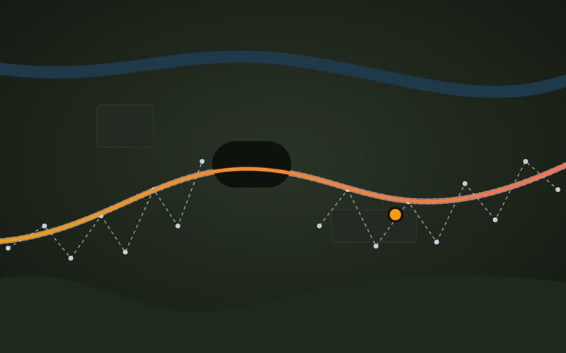 Drawing of a railway: dashed, the jumping recording beside the track; in orange, Maptale’s line right on the rails