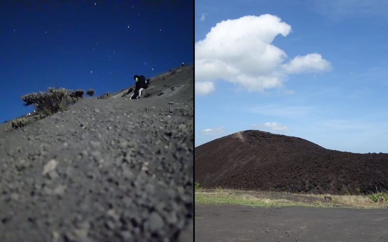 Left, the night climb on Rinjani; right, the black cone of Cerro Negro